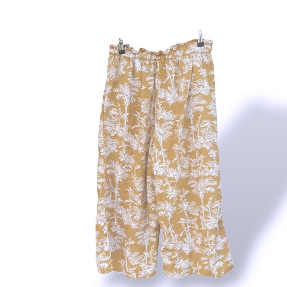 American Eagle Palm  Coastal Tropical Wide Leg Crop Pants Ruffle Waist Tan Large